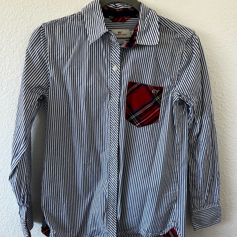 Men's Striped Blue Shirt with Red Plaid Pocket